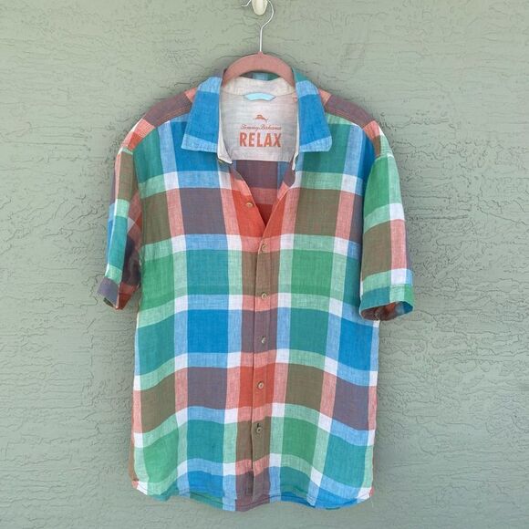 Tommy Bahama Relax SZ L Short Sleeve Pastel Plaid 100% Linen Shirt - Picture 1 of 11